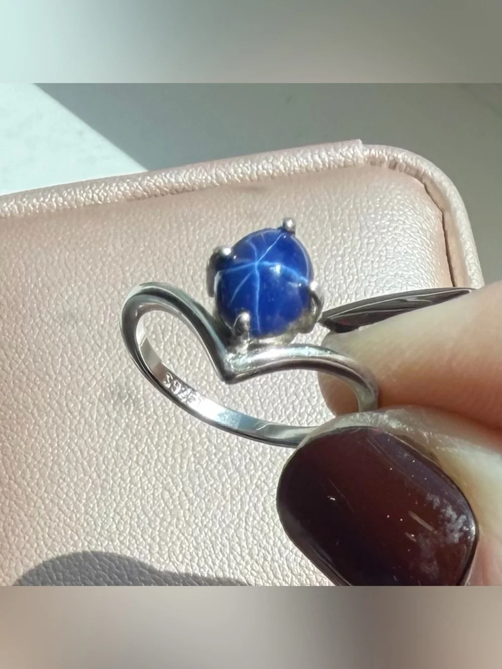 Stunning 1.79CT Natural Blue Star Sapphire Chevron Ring 925 Sterling Silver Sz 6